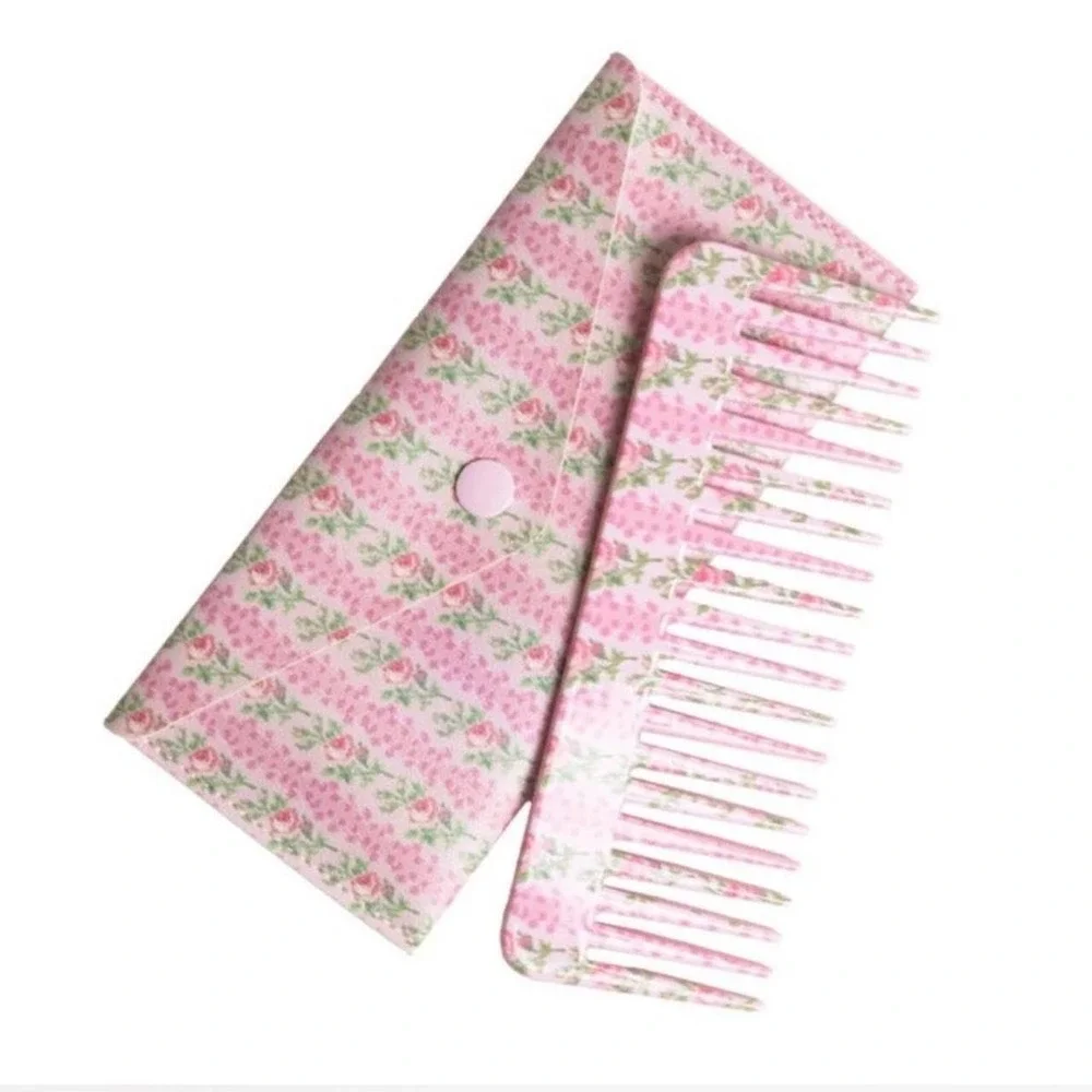 LoveShackFancy pink floral hair accessories bundle: Mini brush keychain Comb